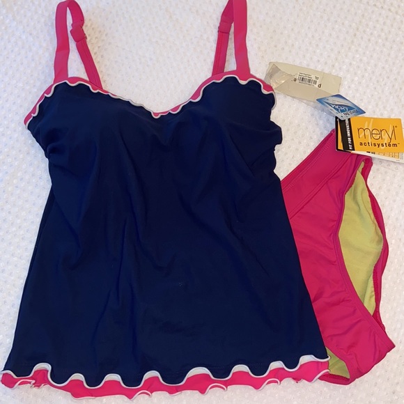 NEW! PROFILE GOTTEX Navy Pink Ruffle Tankini Top - Picture 1 of 17